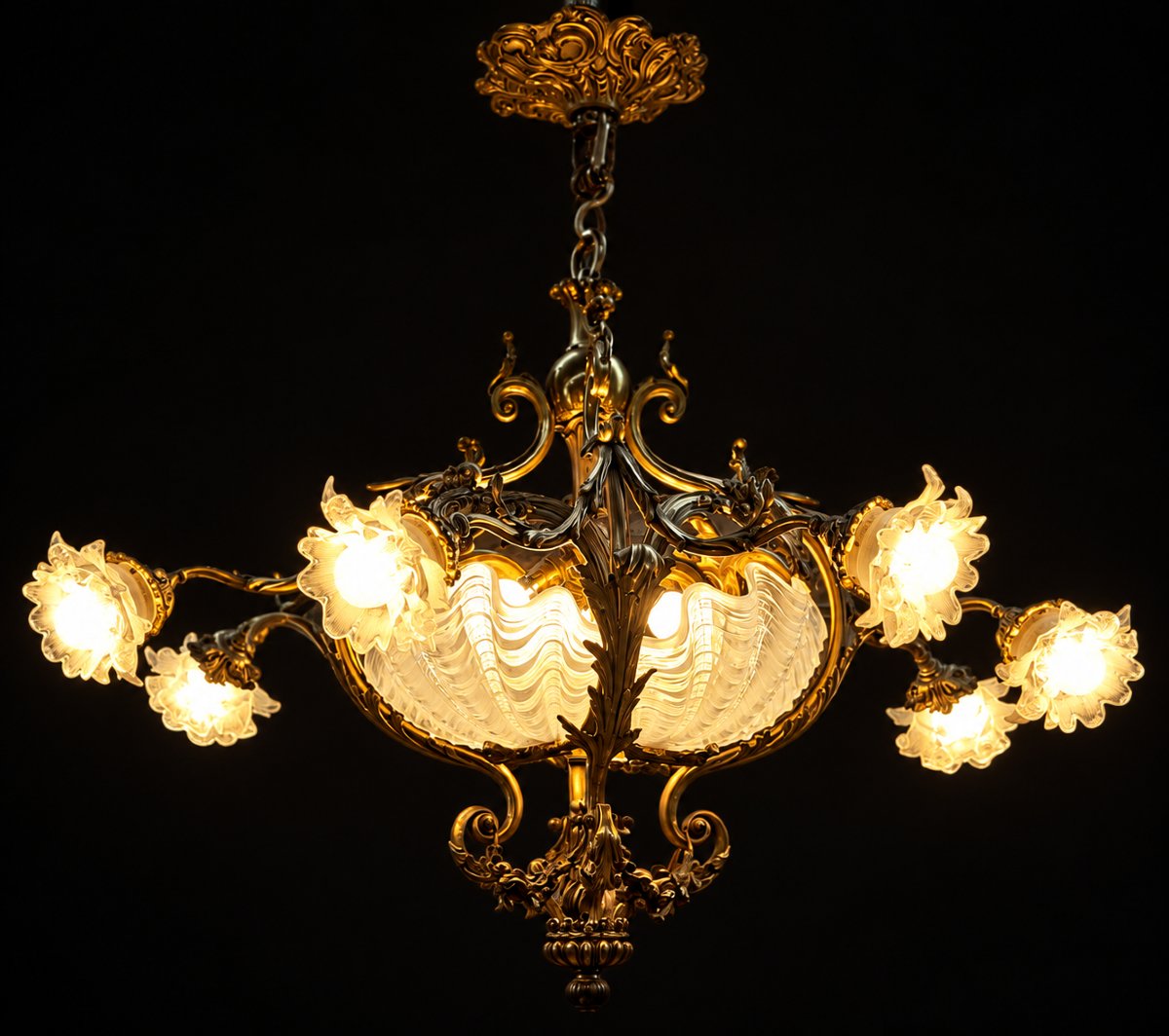 Lustre Majestueux Art Nouveau / Belle Époque en Bronze Ciselé et Verrerie Coquillage – 95 x 95 -photo-2