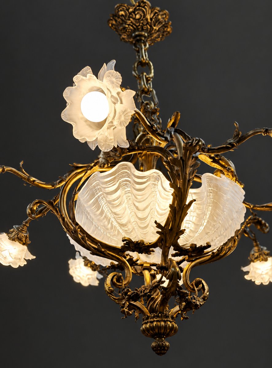 Lustre Majestueux Art Nouveau / Belle Époque en Bronze Ciselé et Verrerie Coquillage – 95 x 95 -photo-4