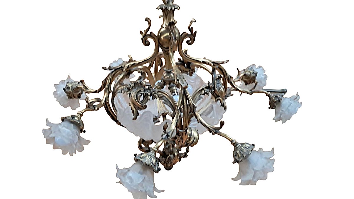 Lustre Majestueux Art Nouveau / Belle Époque en Bronze Ciselé et Verrerie Coquillage – 95 x 95 -photo-1