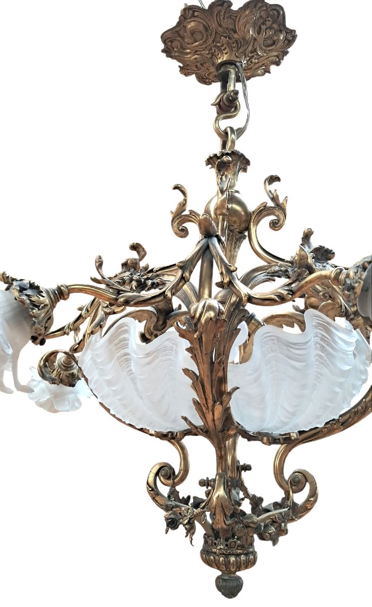 Lustre Majestueux Art Nouveau / Belle Époque en Bronze Ciselé et Verrerie Coquillage – 95 x 95 -photo-3