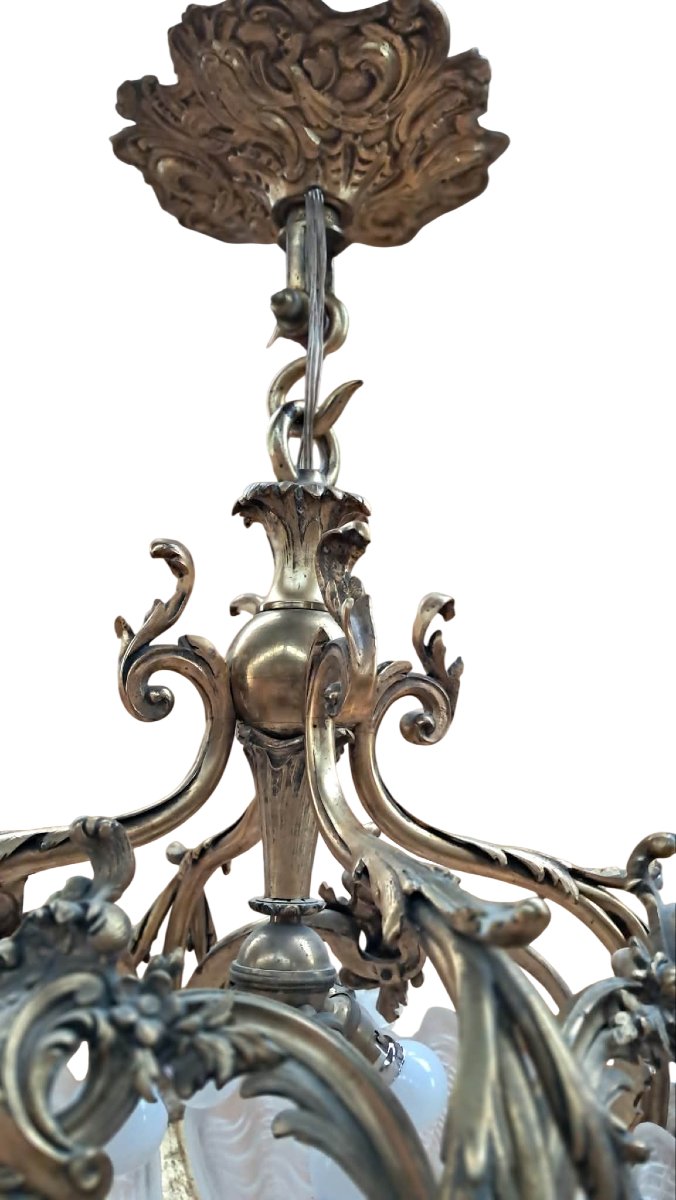Lustre Majestueux Art Nouveau / Belle Époque en Bronze Ciselé et Verrerie Coquillage – 95 x 95 -photo-4