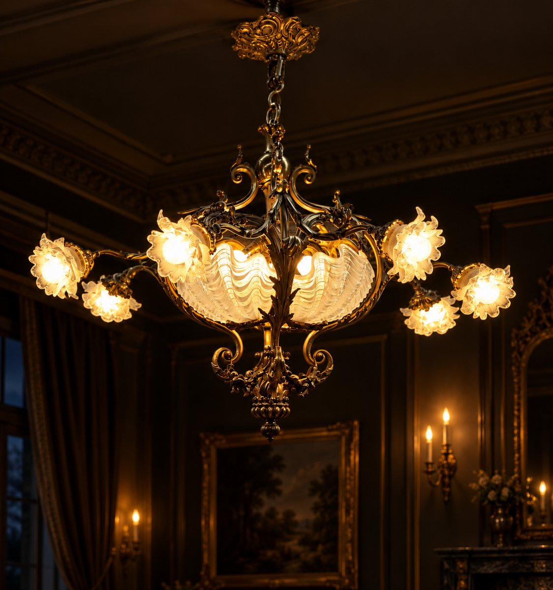 Lustre Majestueux Art Nouveau / Belle Époque en Bronze Ciselé et Verrerie Coquillage – 95 x 95 -photo-5