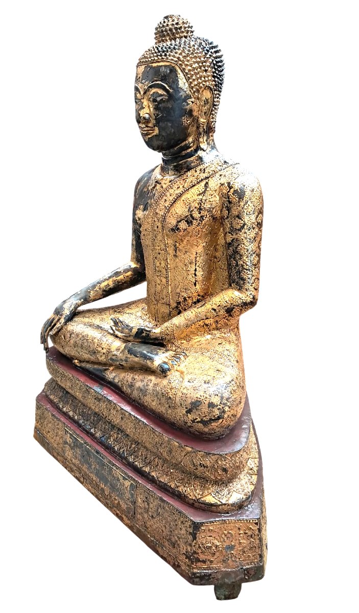 Bouddha en bronze patiné, laqué et doré (72 Kg)-photo-3