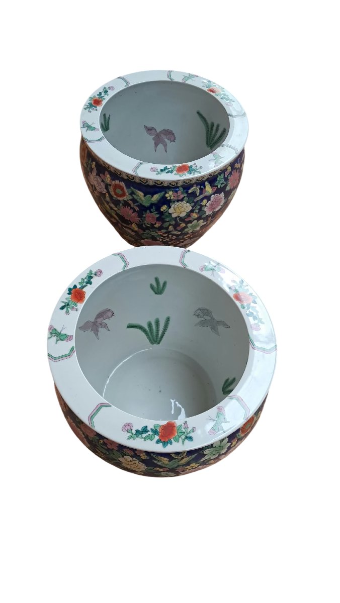 Pair Of Large Asian Porcelain Planters / Fish Bowls-photo-2