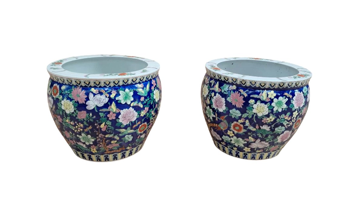 Pair Of Large Asian Porcelain Planters / Fish Bowls