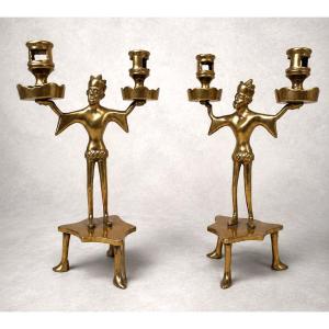 Pair Of Antique Anthropomorphic Brass Candlesticks