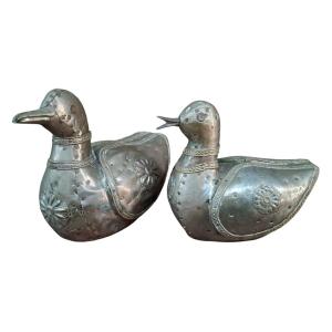 Paire de Canards Décoratifs Anciens en Métal 