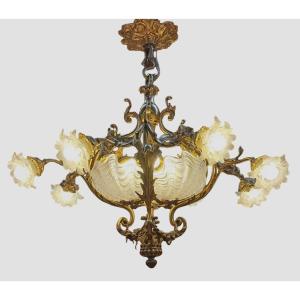 Majestic Art Nouveau / Belle époque Chandelier In Chiseled Bronze And Shell-shaped Glass – 95 X 95