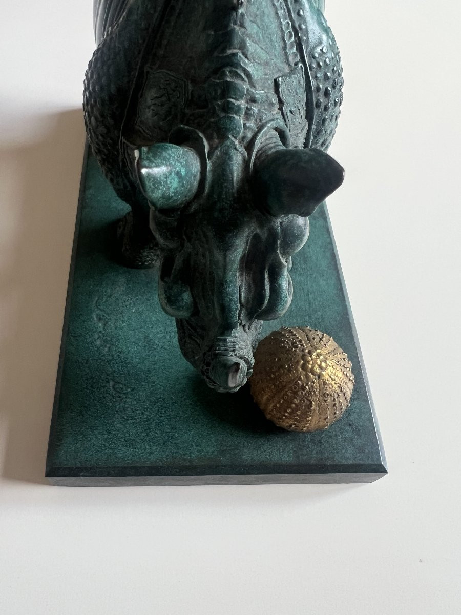 SALVADOR DALÍ (1904-1989) Rhinocéros habillé en dentelle Bronze à patine vert-de-gris et dorée-photo-1