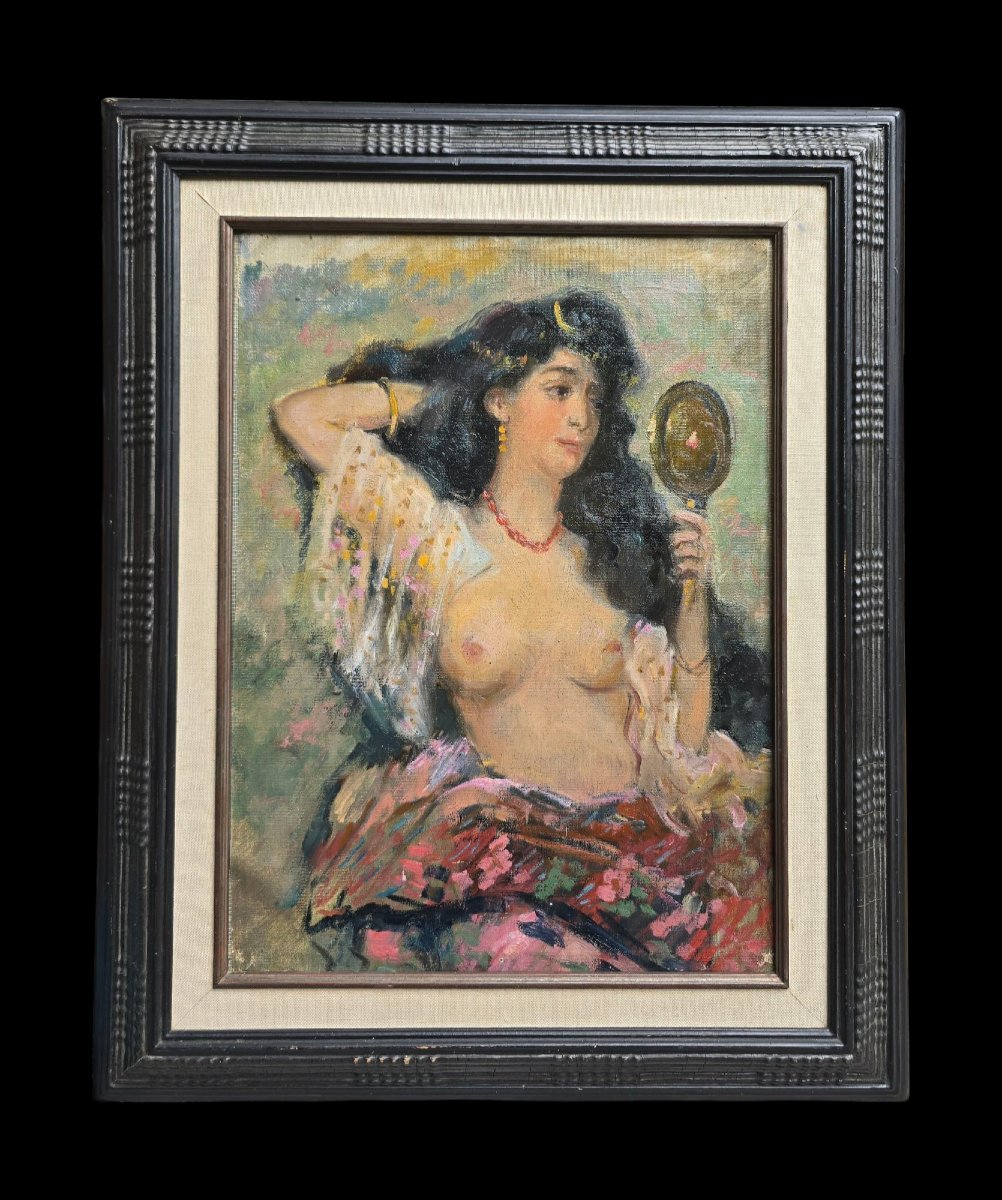 Emile Baes (?) - Elegant Nude Women With A Mirror -photo-3