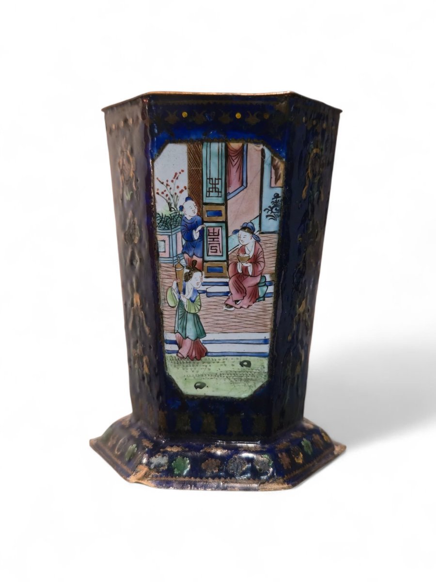 Small Hexagonal Vase In Canton Enamel, China, 19th Century-photo-4