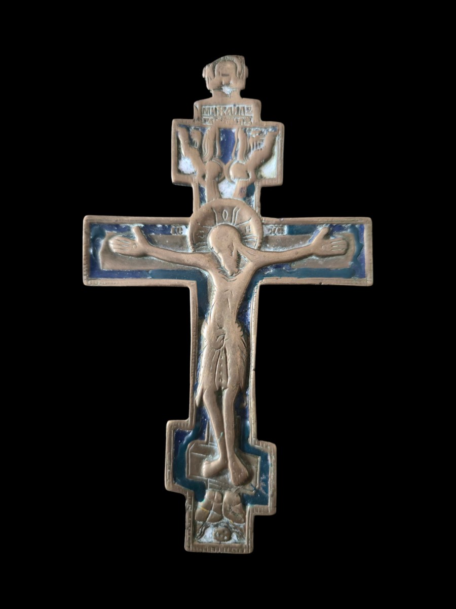 Travail russe, croix, icone de voyage, laiton emaillé, 18-19eme 