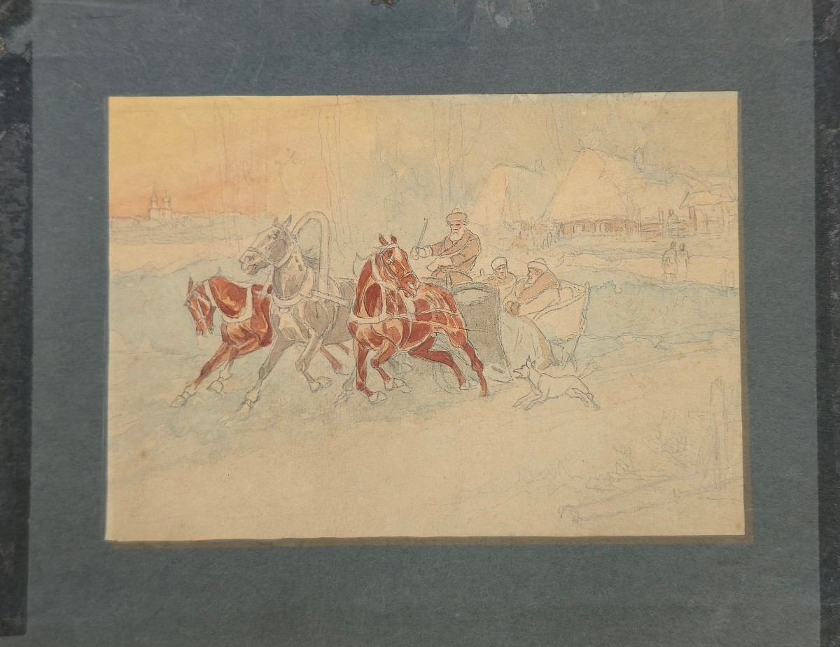 Pierre Petrovitch Perchine (1877-1956) - Troika In The Countryside - Watercolor 