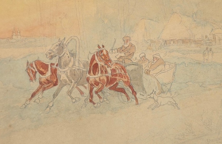 Pierre Petrovitch PERCHINE (1877-1956) - troika dans la campagne - aquarelle 