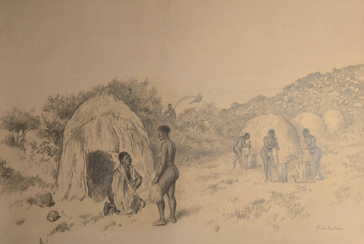 Paul de Katow  (1834-1897) - Scène de vie dans un village africain