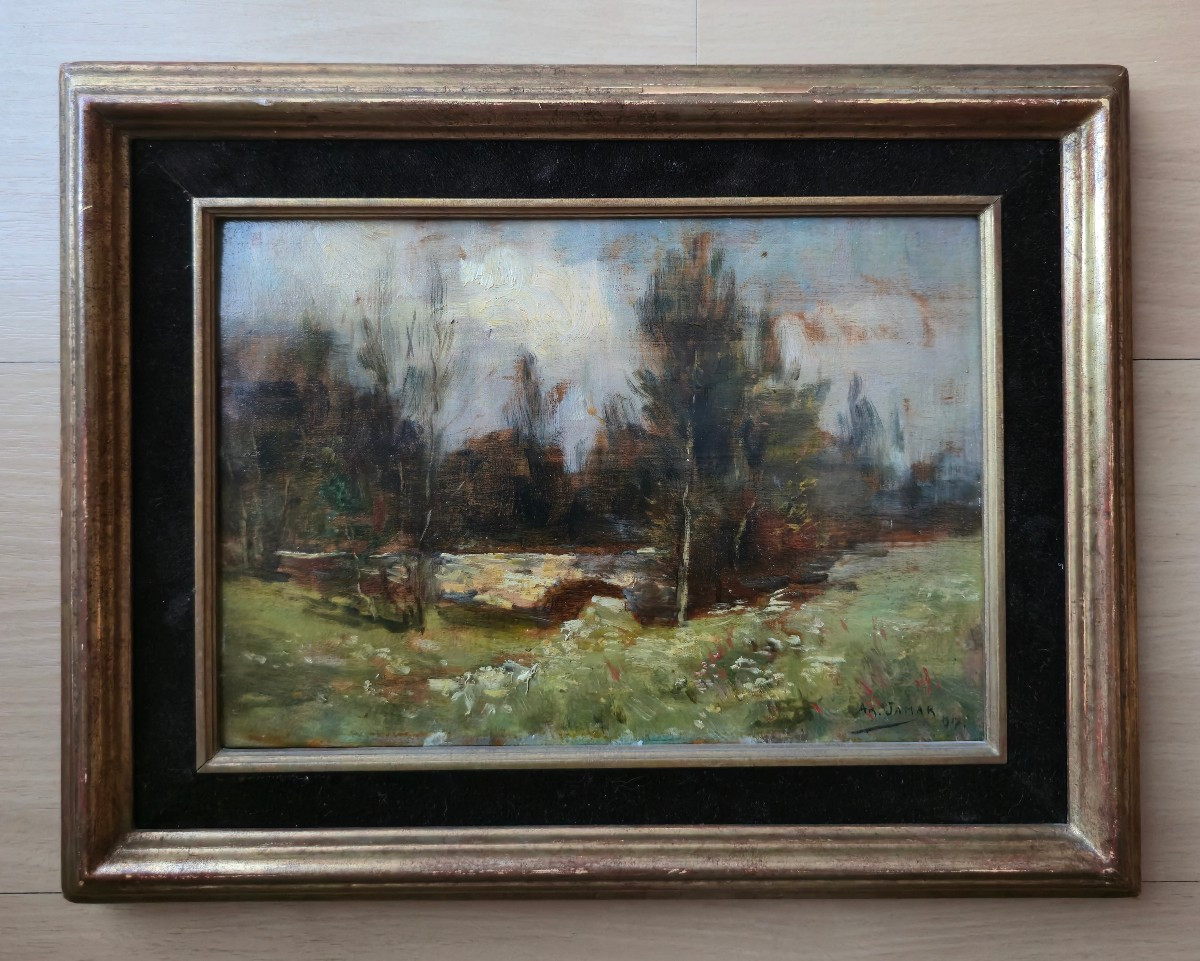 Armand Jamar (1870-1946) - paysage boisé - 1907 - peinture - huile sur panneau -photo-1