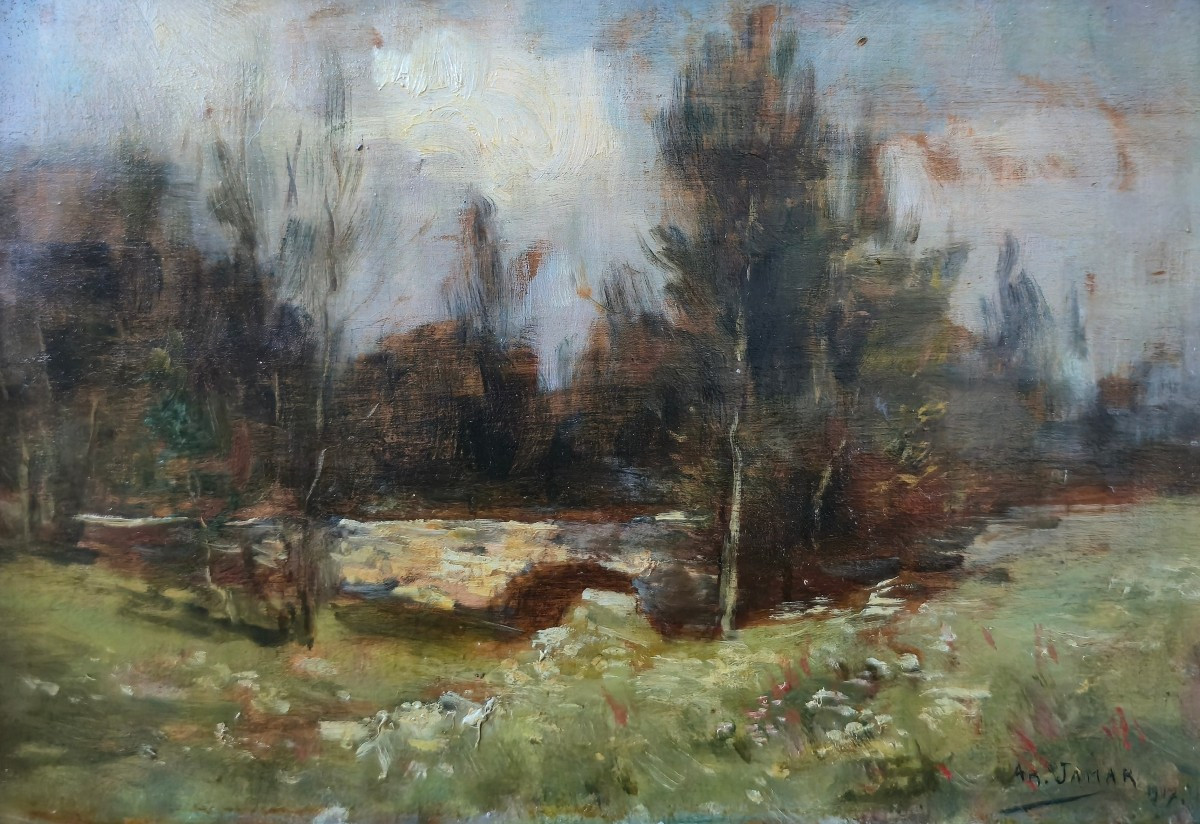 Armand Jamar (1870-1946) - paysage boisé - 1907 - peinture - huile sur panneau 