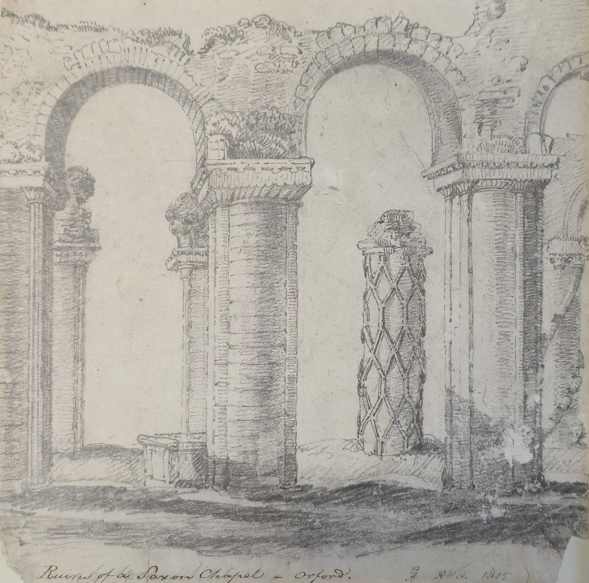 George Arnald (1763-1841) - dessin anglais - Ruines d'une chapelle Anglo-Saxonne Oxford - 19eme