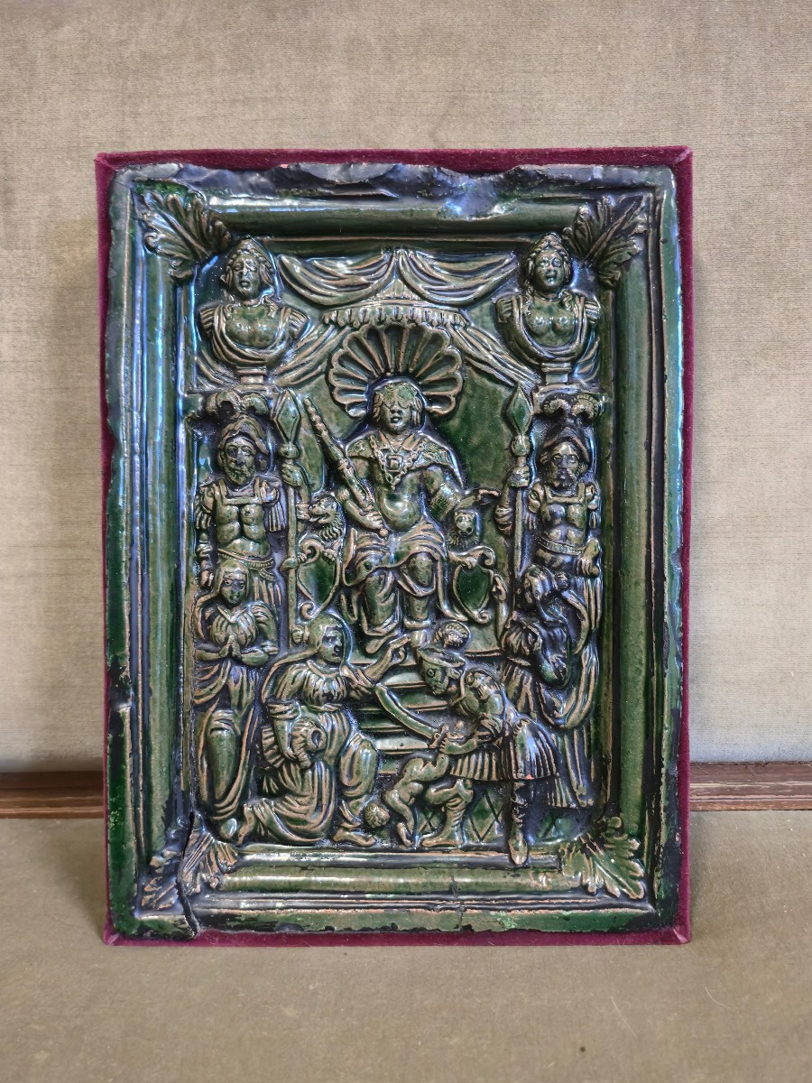 Plaque religieuse - 17eme siécle - Allemagne - sculpture bas relief -  faience glacure verte