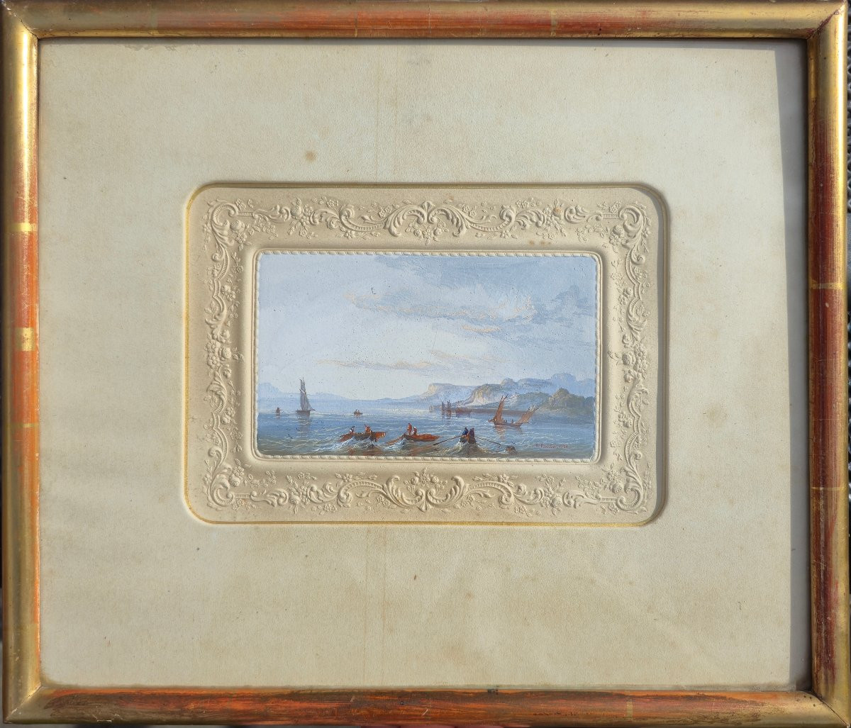 C. Rivière (19eme siècle), barques au bord des cotes, miniature, aquarelle -photo-1