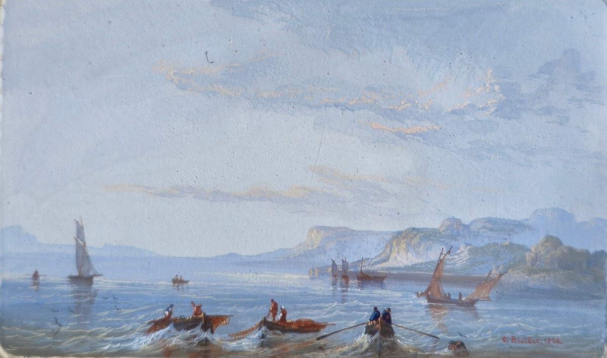 C. Rivière (19eme siècle), barques au bord des cotes, miniature, aquarelle -photo-2