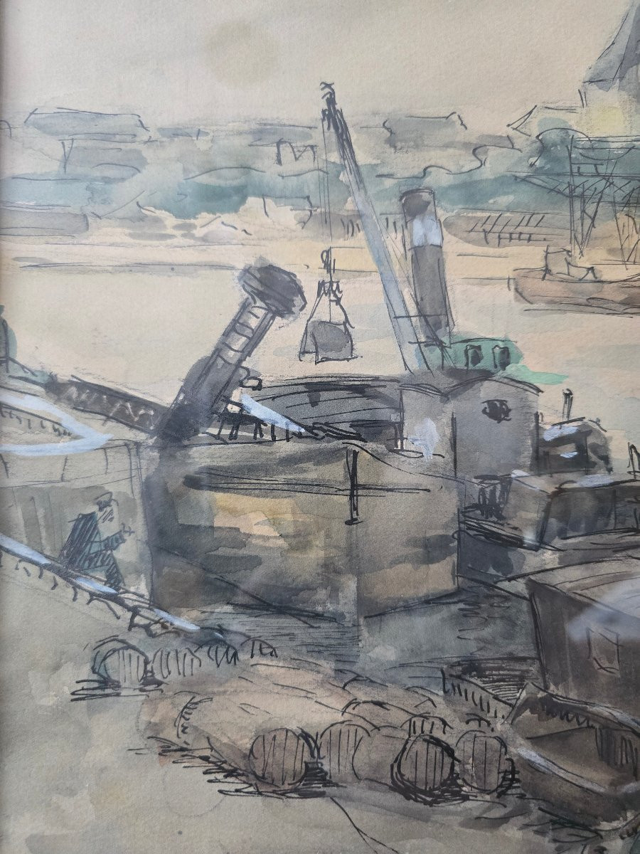 To Be Identified - Vink ? - 1947 - Paris - View Of The Seine And Its Boats - Watercolor Drawing-photo-1