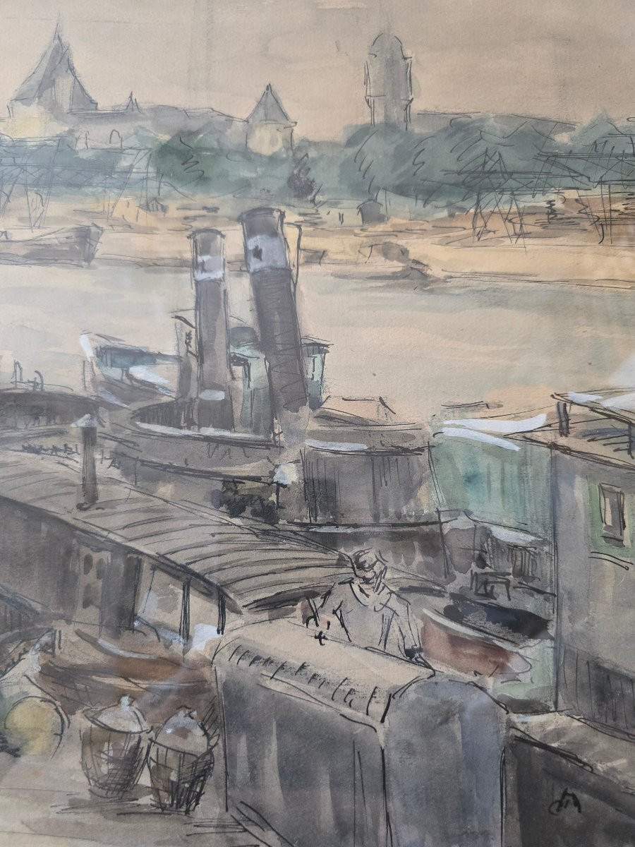 To Be Identified - Vink ? - 1947 - Paris - View Of The Seine And Its Boats - Watercolor Drawing-photo-2