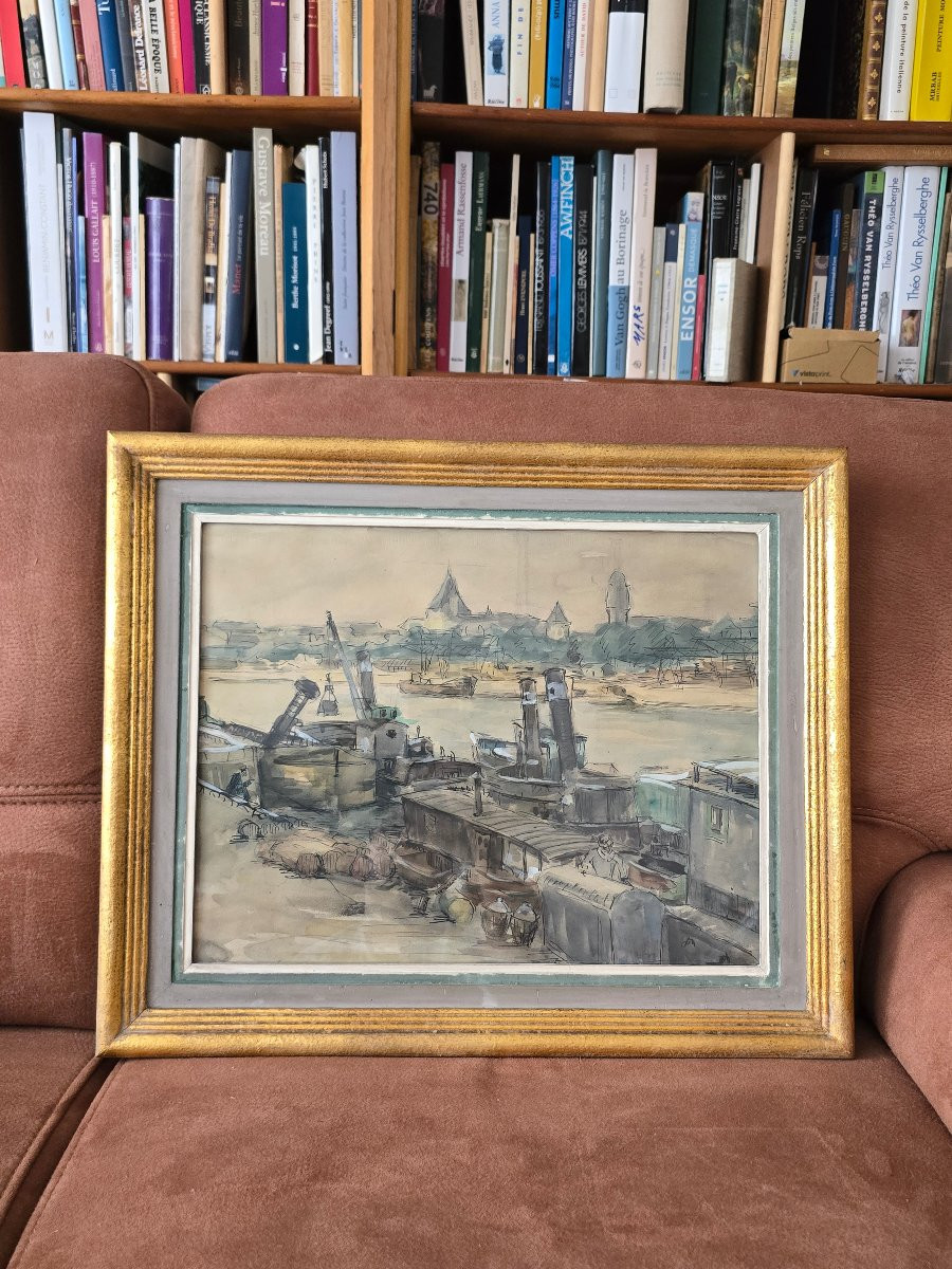 To Be Identified - Vink ? - 1947 - Paris - View Of The Seine And Its Boats - Watercolor Drawing-photo-4