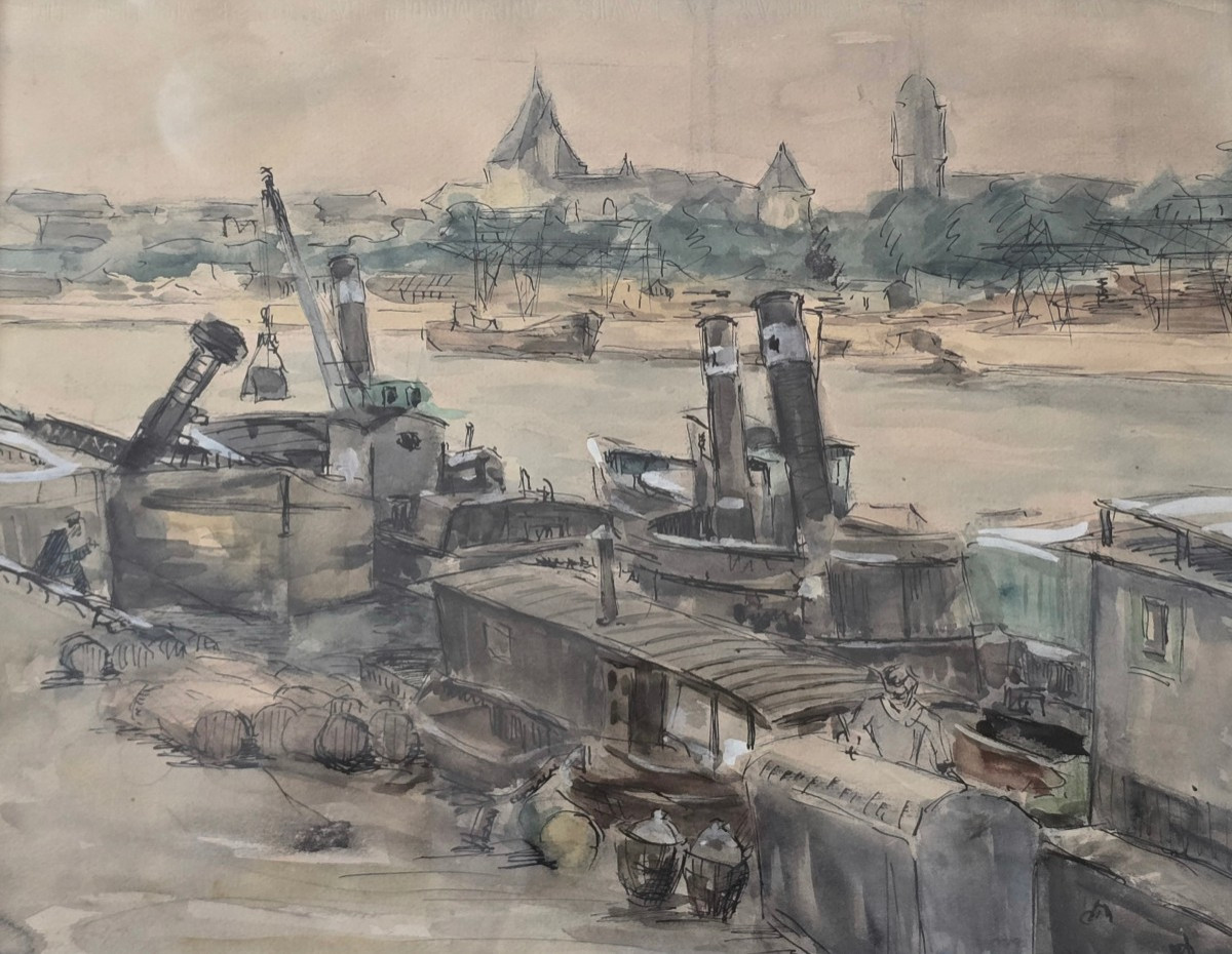 To Be Identified - Vink ? - 1947 - Paris - View Of The Seine And Its Boats - Watercolor Drawing