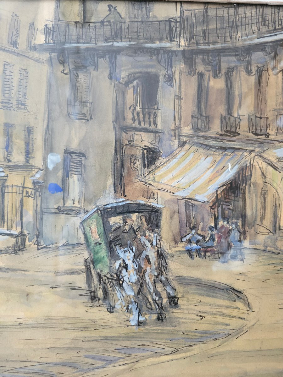 To Be Identified - Vink ? - 1947 - Paris - View Of A Street With A Horse-drawn Carriage - Watercolor Drawing-photo-3