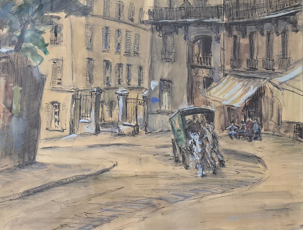 To Be Identified - Vink ? - 1947 - Paris - View Of A Street With A Horse-drawn Carriage - Watercolor Drawing
