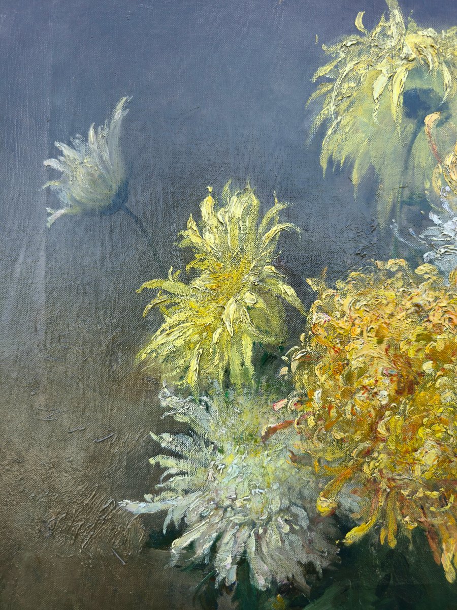 Léopold Muller (1879-1961) - Still Life With Chrysanthemums - Flowers - Oil On Canvas-photo-2