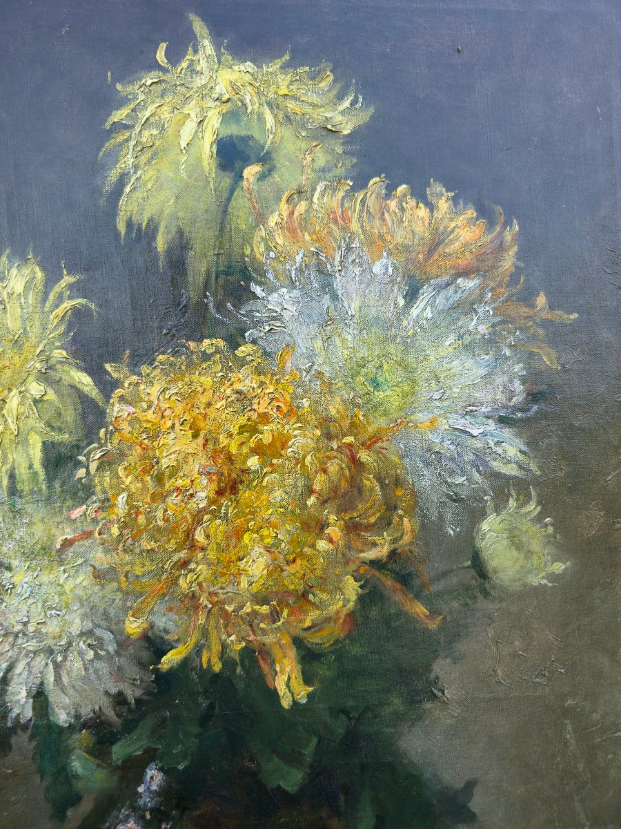 Léopold Muller (1879-1961) - Still Life With Chrysanthemums - Flowers - Oil On Canvas-photo-4