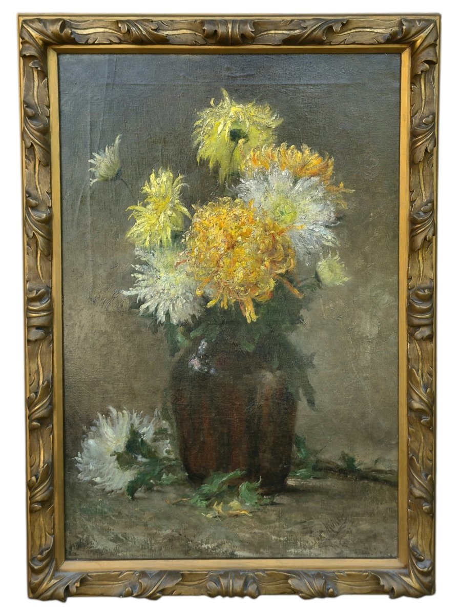 Léopold Muller (1879-1961) - Still Life With Chrysanthemums - Flowers - Oil On Canvas-photo-1