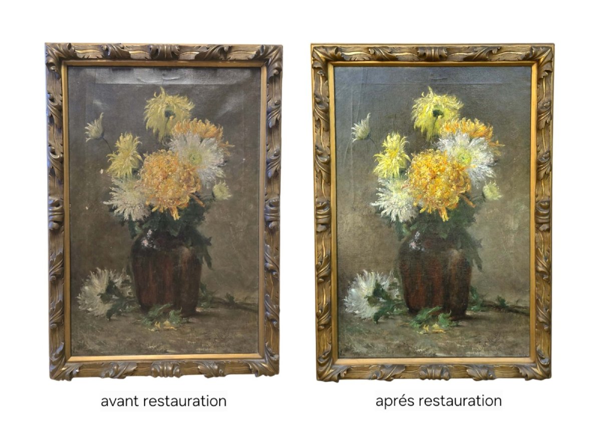 Léopold Muller (1879-1961) - Still Life With Chrysanthemums - Flowers - Oil On Canvas-photo-2