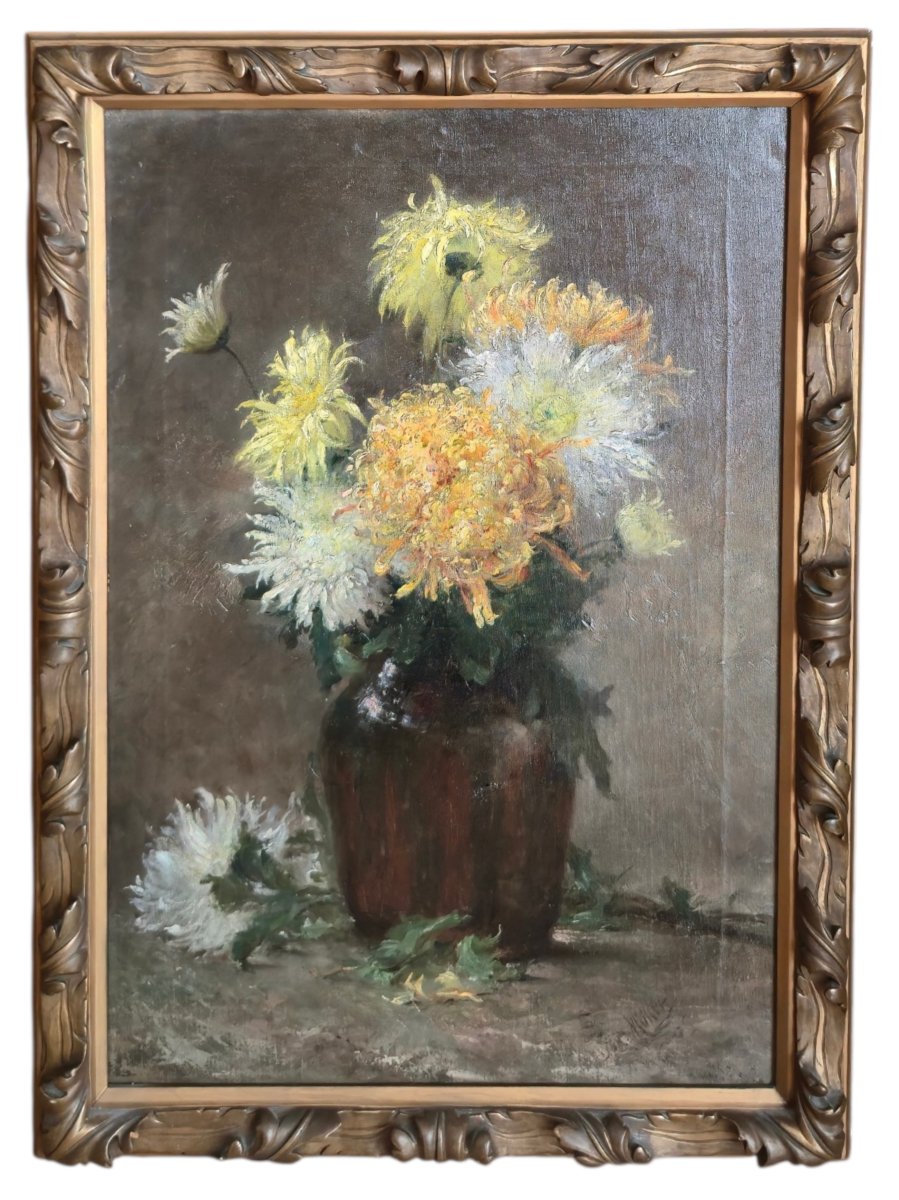 Léopold Muller (1879-1961) - Still Life With Chrysanthemums - Flowers - Oil On Canvas-photo-1