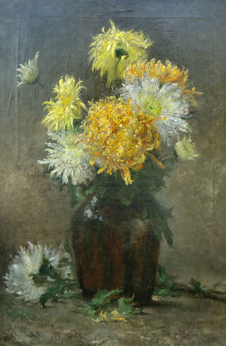 Léopold Muller (1879-1961) - Still Life With Chrysanthemums - Flowers - Oil On Canvas