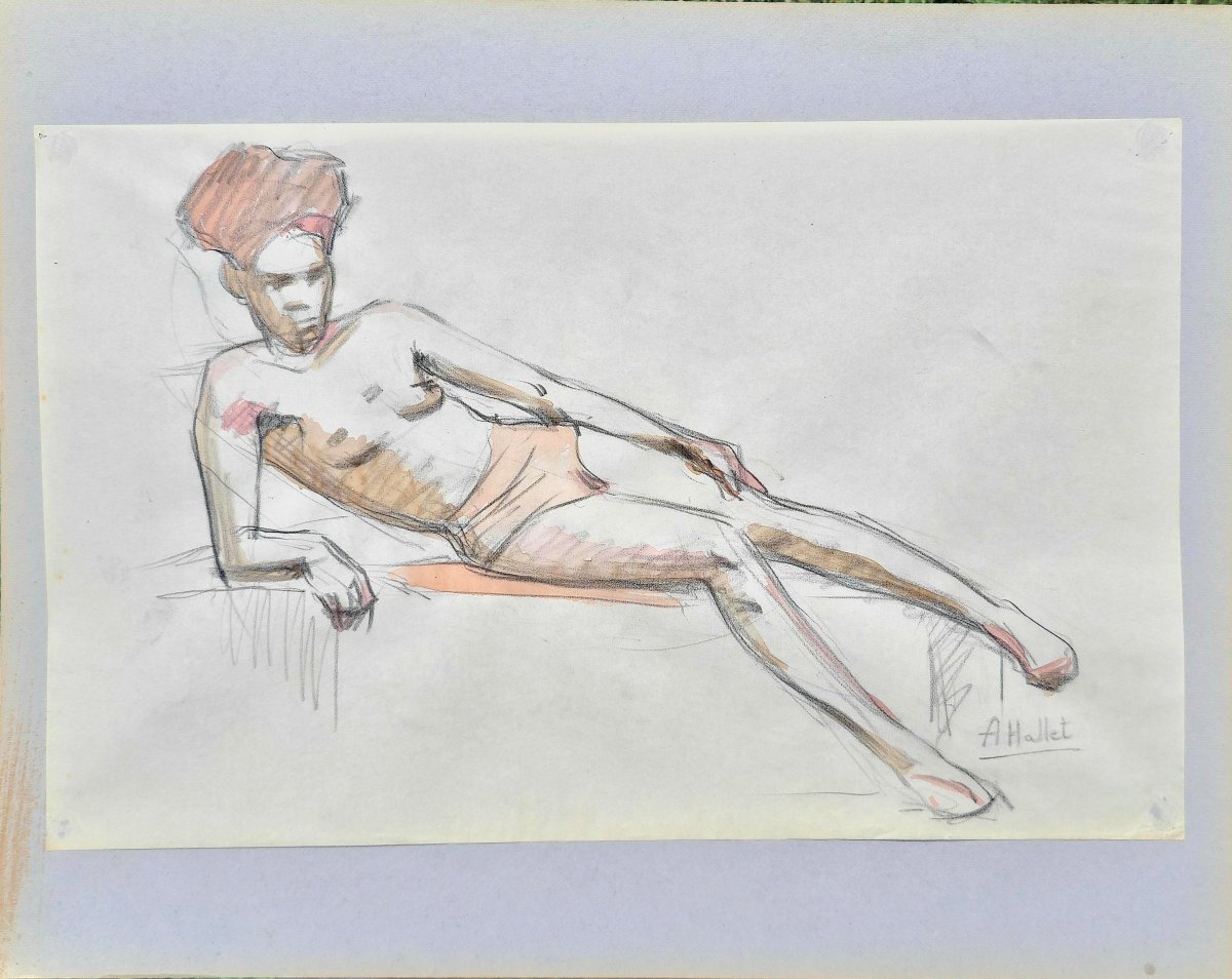 André Hallet (1890-1959) - étude de nu d'une africain - aquarelle -photo-2