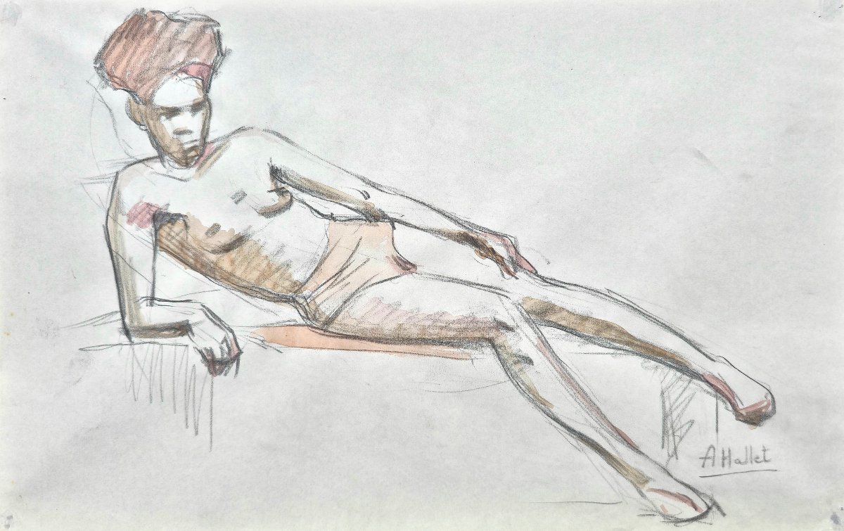 André Hallet (1890-1959) - étude de nu d'une africain - aquarelle 