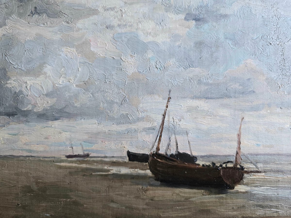 Arthur Bouvier (1837-1921), Boats At Low Tide, Marine, Belgium, Oil On Canvas-photo-1