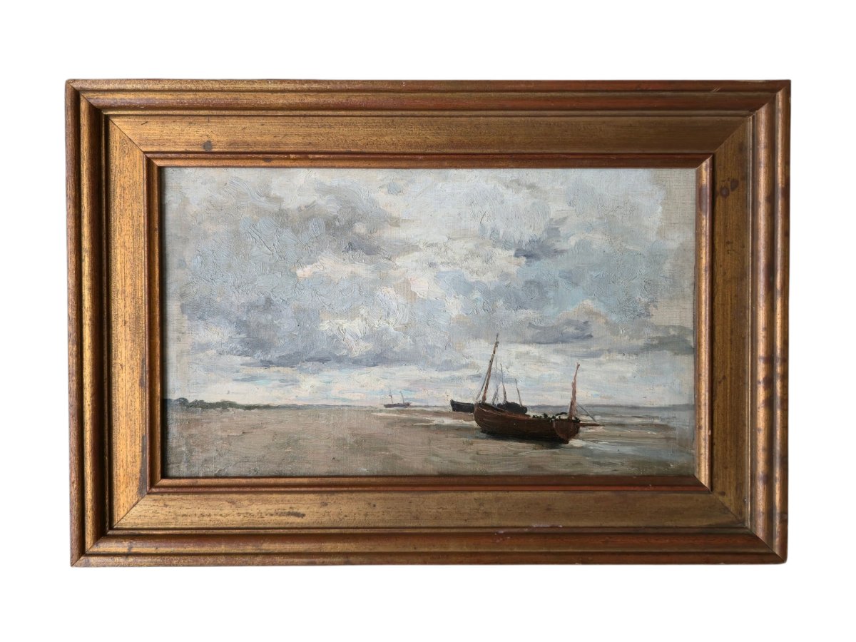 Arthur Bouvier (1837-1921), Boats At Low Tide, Marine, Belgium, Oil On Canvas-photo-2