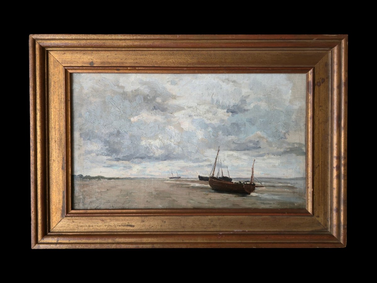 Arthur Bouvier (1837-1921), Boats At Low Tide, Marine, Belgium, Oil On Canvas-photo-3