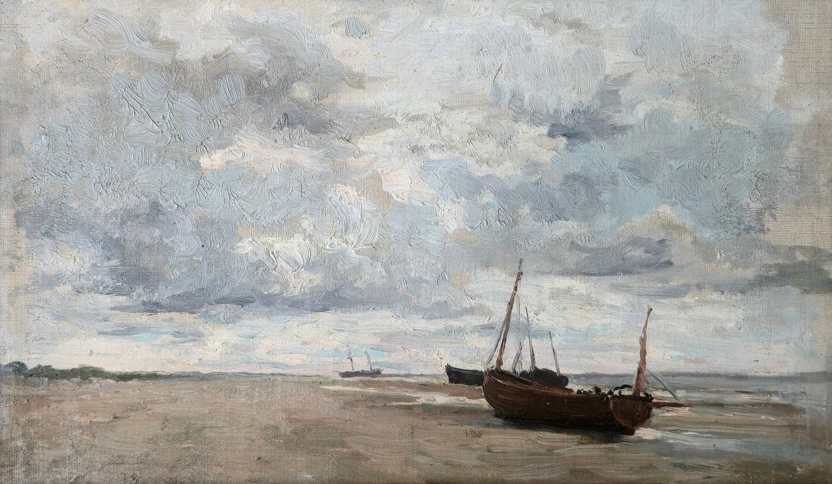 Arthur Bouvier (1837-1921), Boats At Low Tide, Marine, Belgium, Oil On Canvas