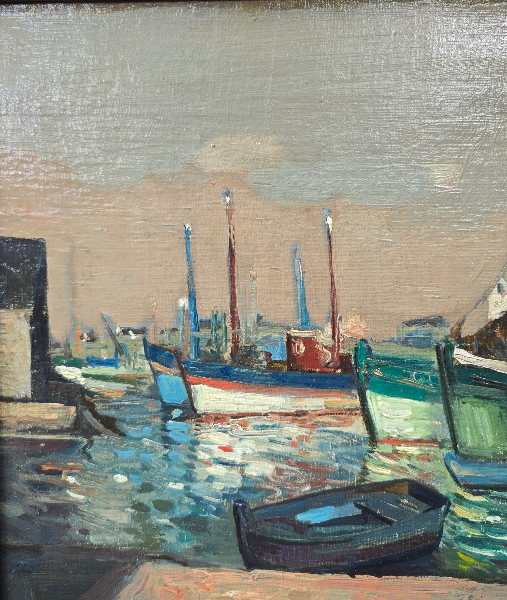 Eugène de Bie (1914-1983) - bateaux amarré au quai en bretagne - paysage breton Guilvinec (?)-photo-2