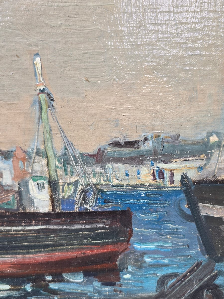 Eugène de Bie (1914-1983) - bateaux amarré au quai en bretagne - paysage breton Guilvinec (?)-photo-2