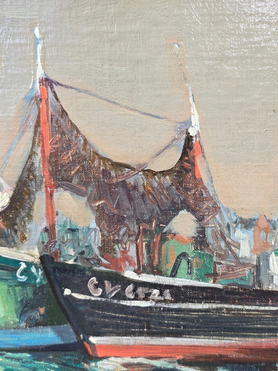 Eugène de Bie (1914-1983) - bateaux amarré au quai en bretagne - paysage breton Guilvinec (?)-photo-3