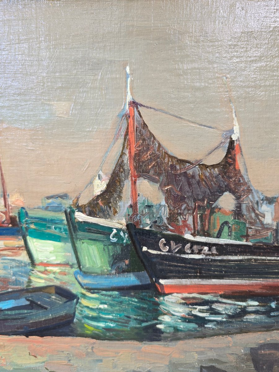 Eugène de Bie (1914-1983) - bateaux amarré au quai en bretagne - paysage breton Guilvinec (?)-photo-4