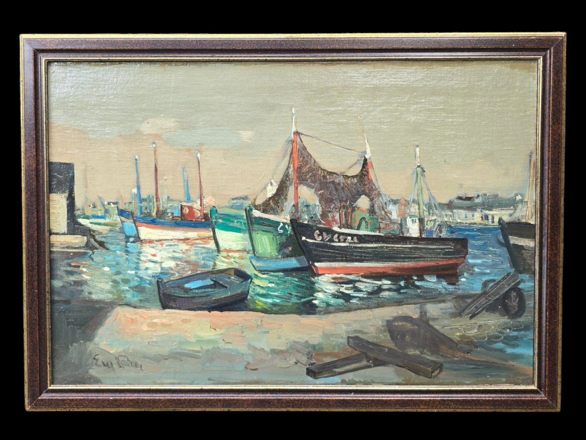 Eugène de Bie (1914-1983) - bateaux amarré au quai en bretagne - paysage breton Guilvinec (?)-photo-5