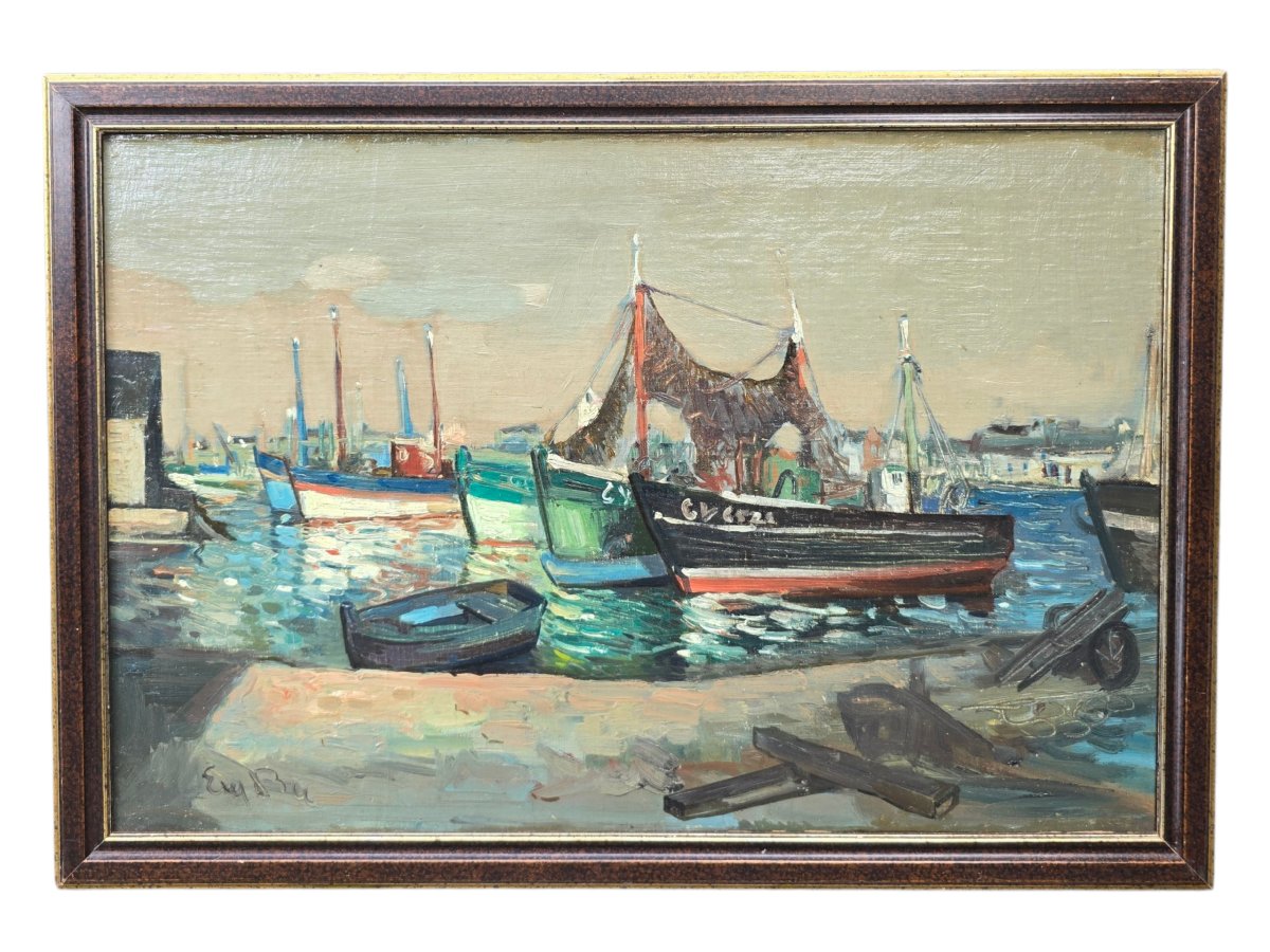 Eugène de Bie (1914-1983) - bateaux amarré au quai en bretagne - paysage breton Guilvinec (?)-photo-6