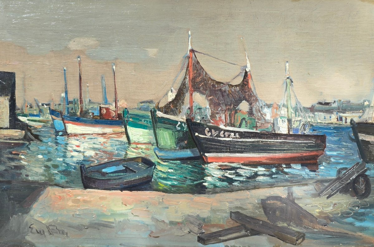 Eugène de Bie (1914-1983) - bateaux amarré au quai en bretagne - paysage breton Guilvinec (?)